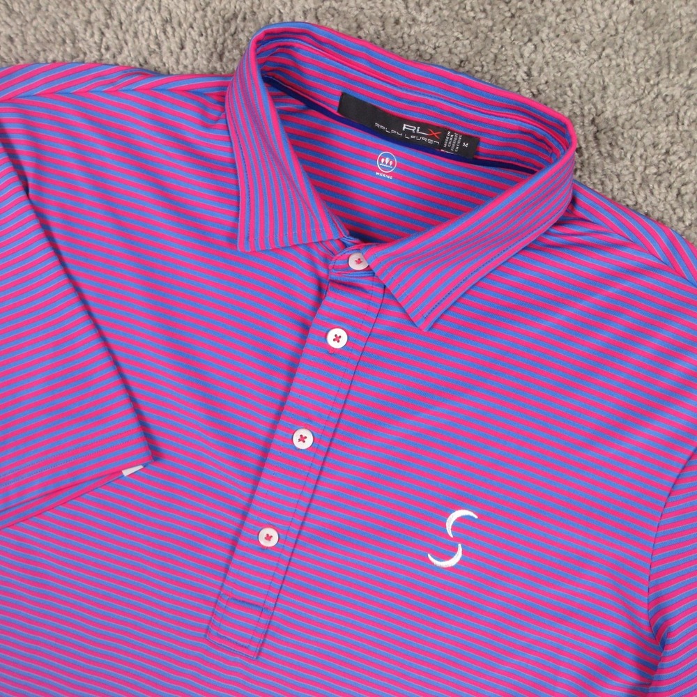 RLX Ralph Lauren Polo Shirt Mens Medium Blue Red Sebonack Golf Club Performance